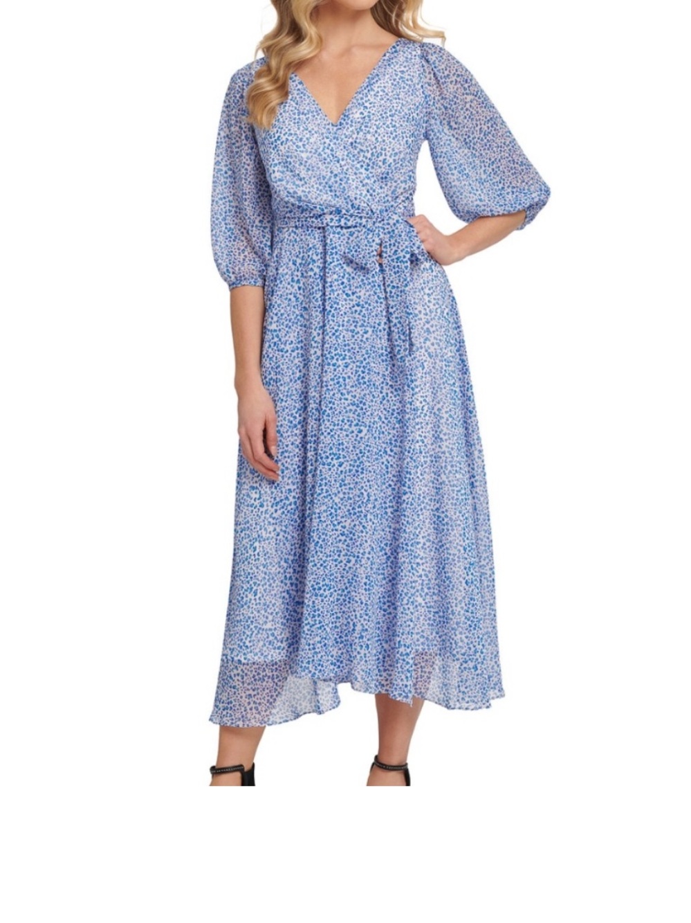 DKNY Light Blue Floral Wrap Midi Dress with Belt